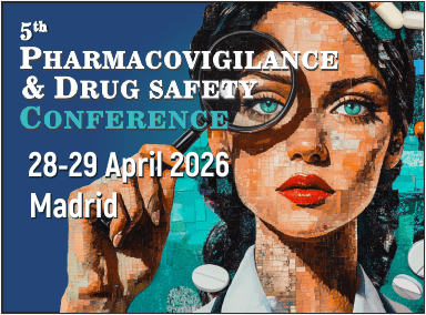 5th Pharmacovigilance and Drug Safety Conference banner with illustrated woman holding magnifying glass, Madrid 28 to 29 April 2026