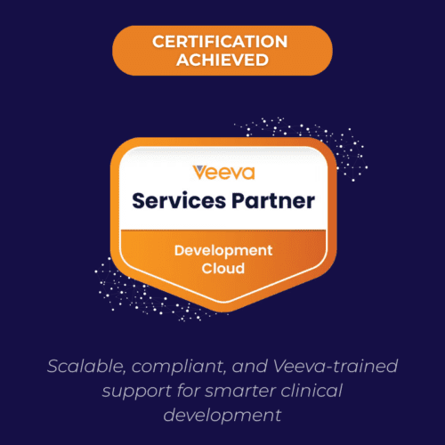 Excelya branded announcement displaying the Veeva Services Partner Development Cloud certification badge.
